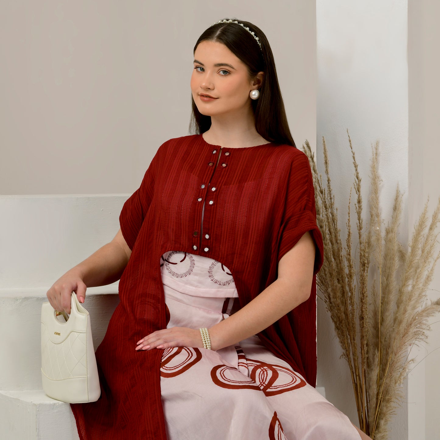 Pink and Red Hand Embroidered Cover-Up and Crop Top with Powerful Print Full Length Skirt Set