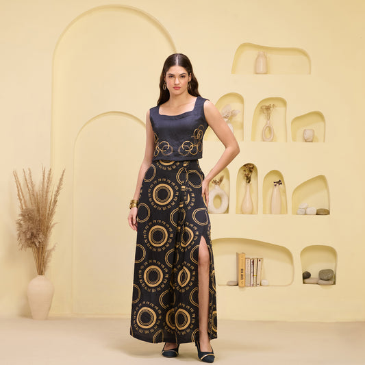 Black and Golden Hand Embroidered Crop Top and Maa Print Full Length Skirt with Front Slit Set