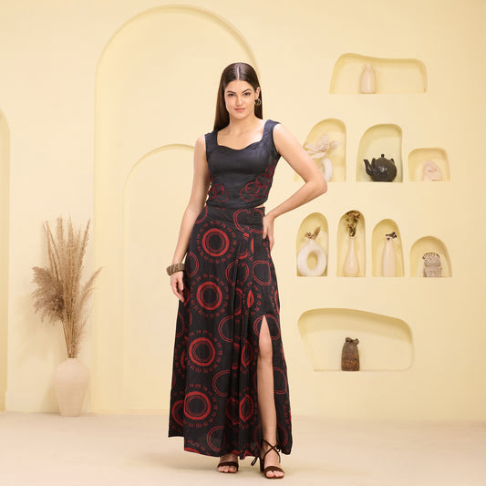 Black and Red Hand Embroidered Crop Top and Maa Print Full Length Skirt with Front Slit Set