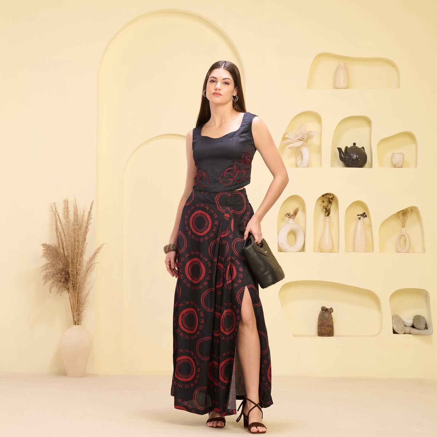 Black and Red Hand Embroidered Crop Top and Maa Print Full Length Skirt with Front Slit Set