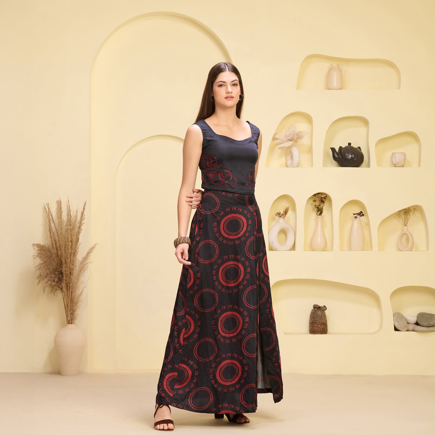 Black and Red Hand Embroidered Crop Top and Maa Print Full Length Skirt with Front Slit Set