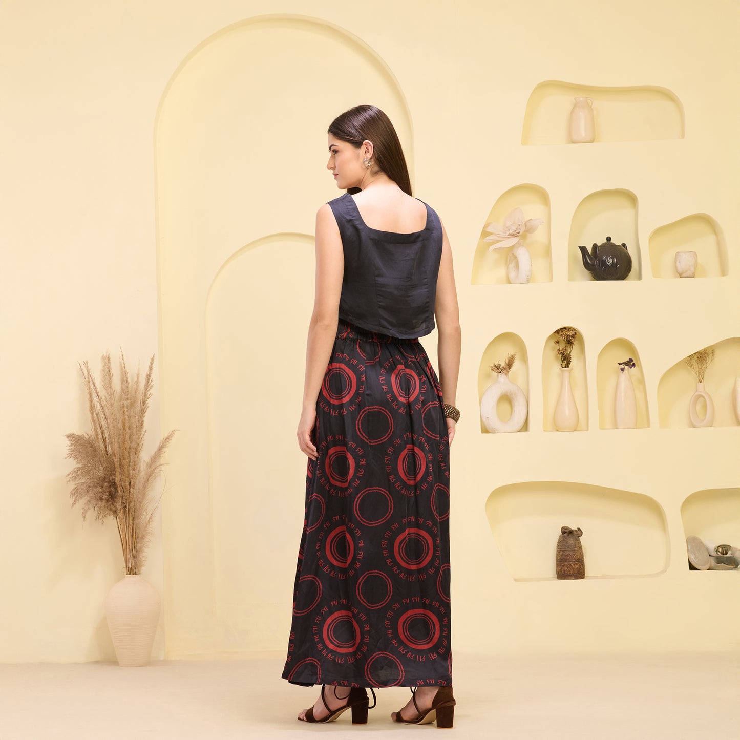 Black and Red Hand Embroidered Crop Top and Maa Print Full Length Skirt with Front Slit Set