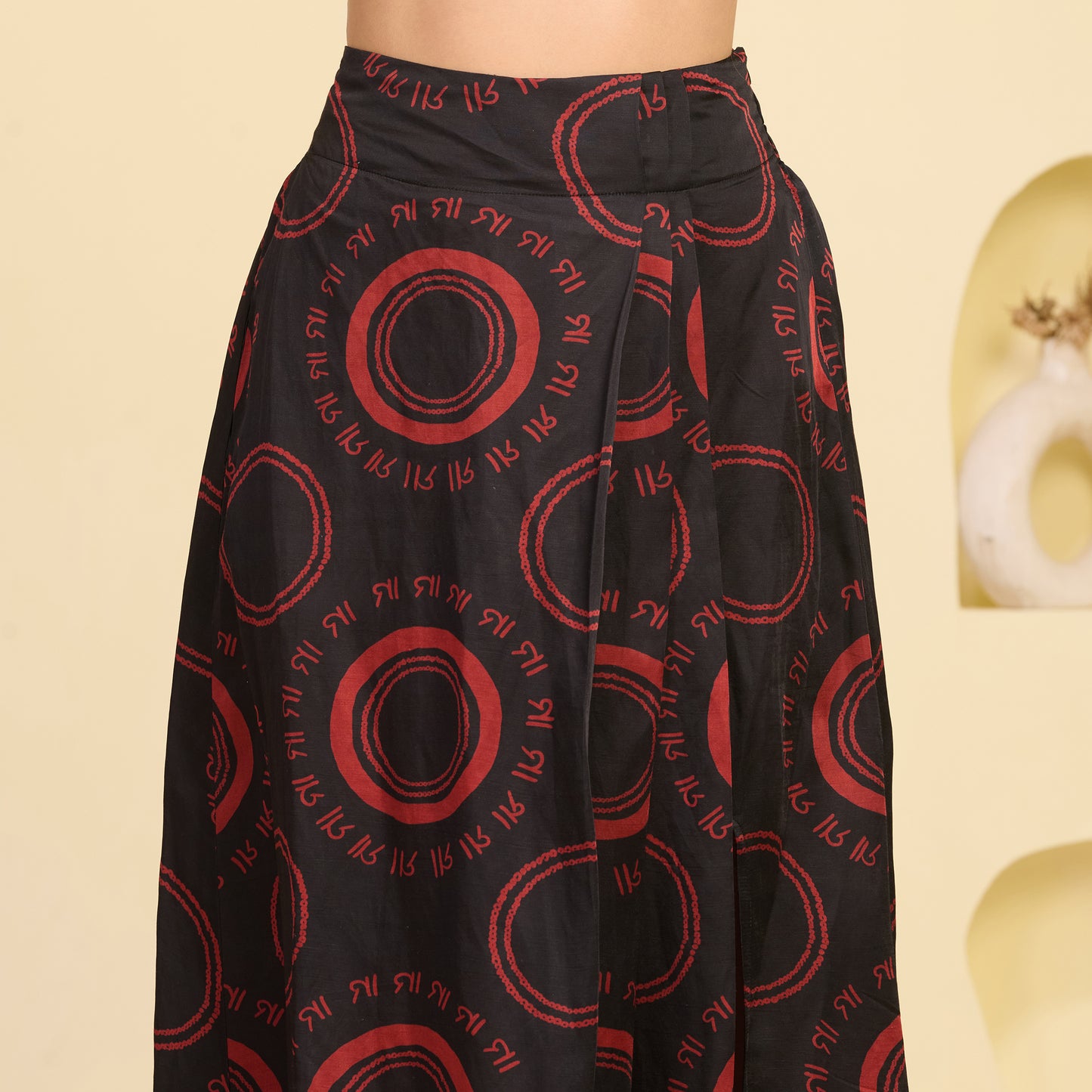 Black and Red Hand Embroidered Crop Top and Maa Print Full Length Skirt with Front Slit Set