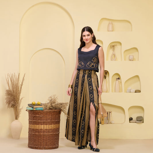 Black and Golden Hand Embroidered Crop Top and Powerful Stripe Print Full Length Skirt with Front Slit Set