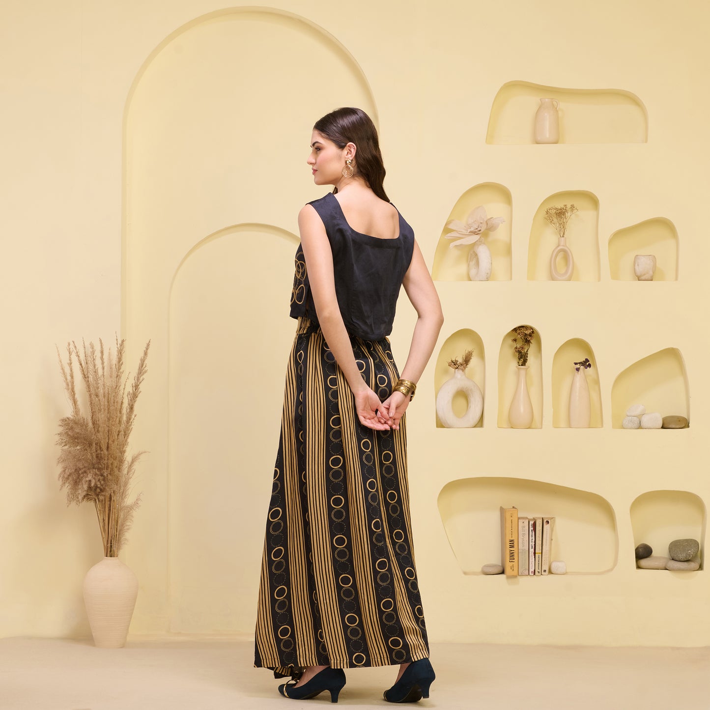 Black and Golden Hand Embroidered Crop Top and Powerful Stripe Print Full Length Skirt with Front Slit Set