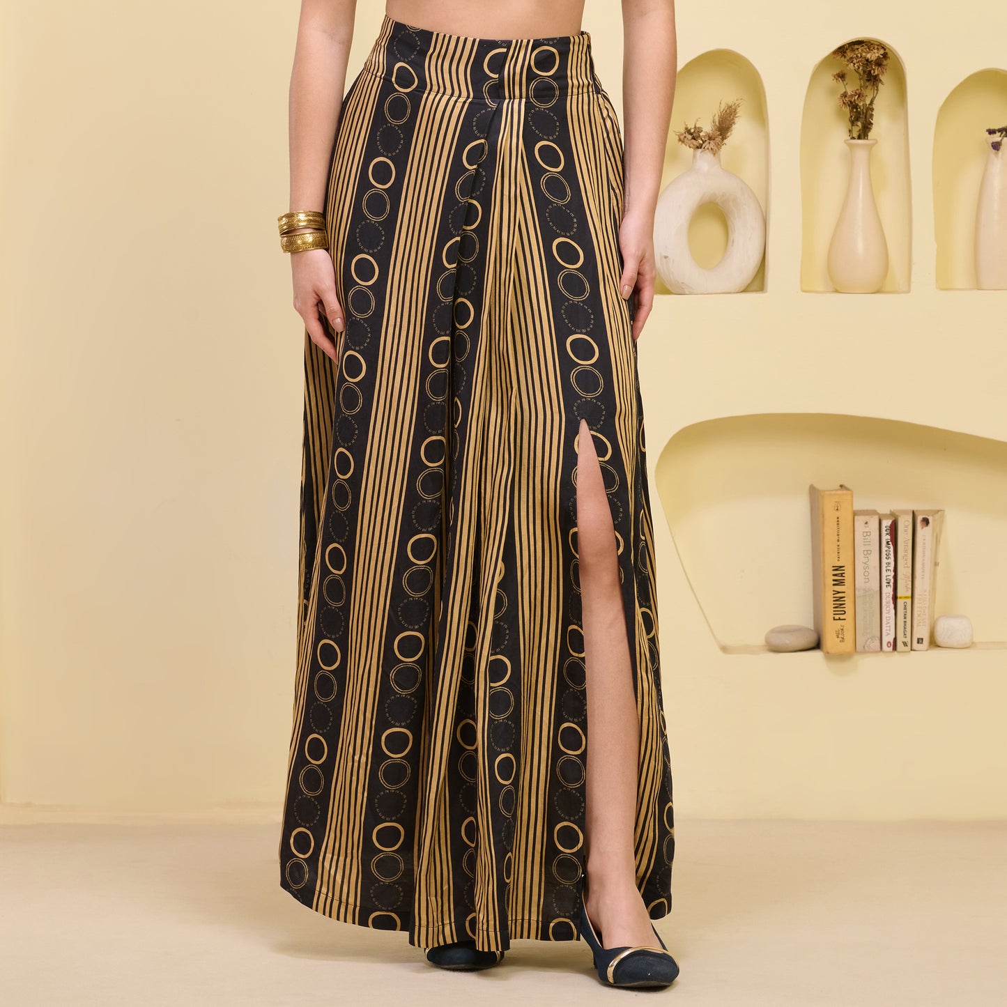 Black and Golden Hand Embroidered Crop Top and Powerful Stripe Print Full Length Skirt with Front Slit Set