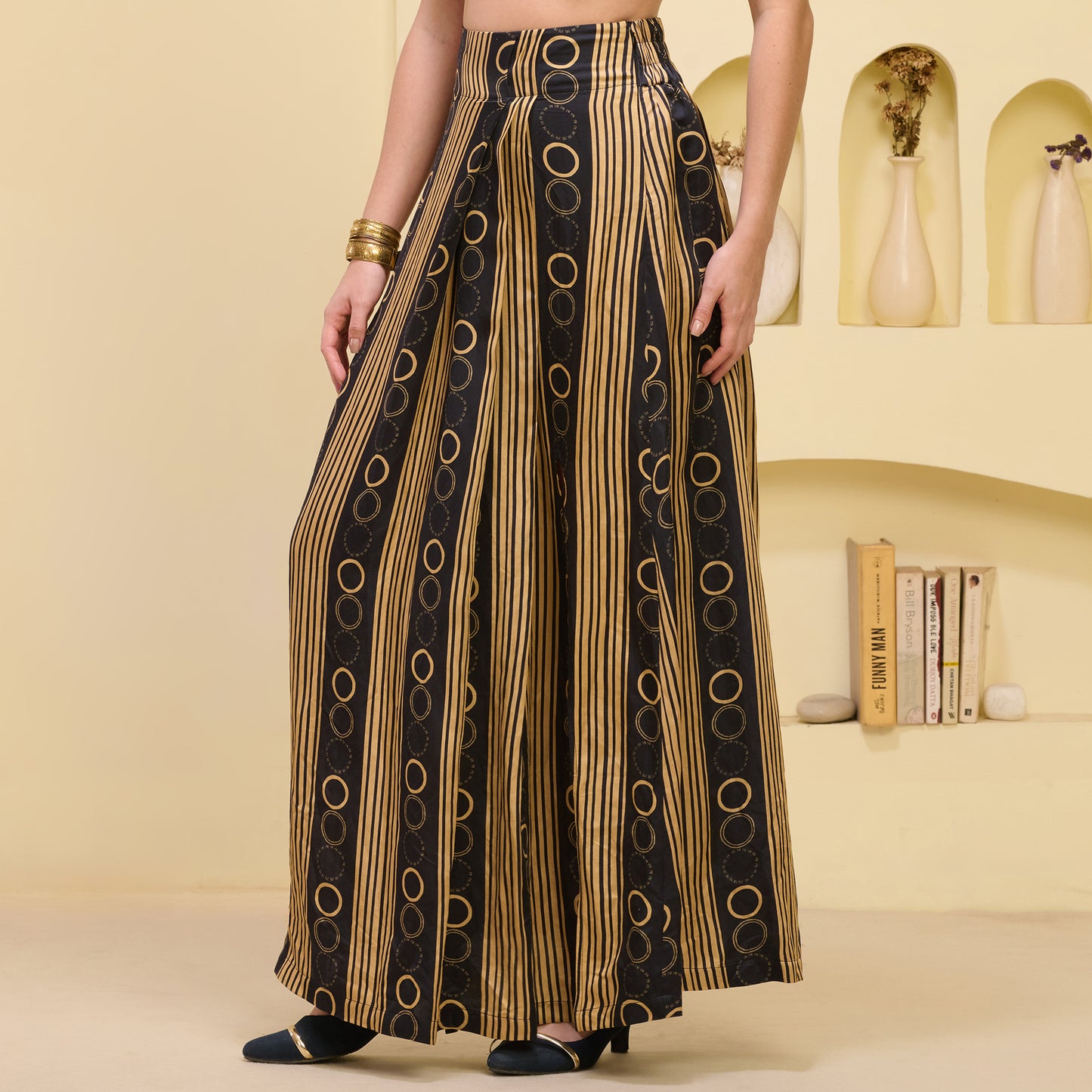 Black and Golden Hand Embroidered Crop Top and Powerful Stripe Print Full Length Skirt with Front Slit Set