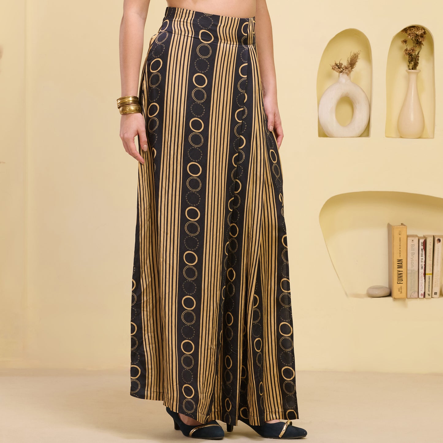 Black and Golden Hand Embroidered Crop Top and Powerful Stripe Print Full Length Skirt with Front Slit Set