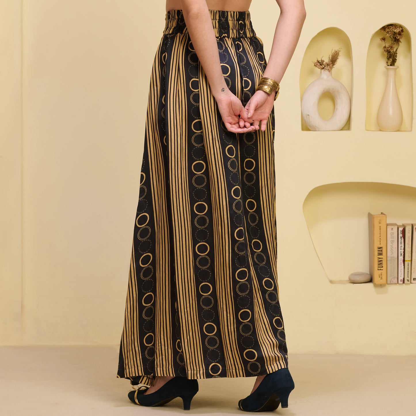 Black and Golden Hand Embroidered Crop Top and Powerful Stripe Print Full Length Skirt with Front Slit Set