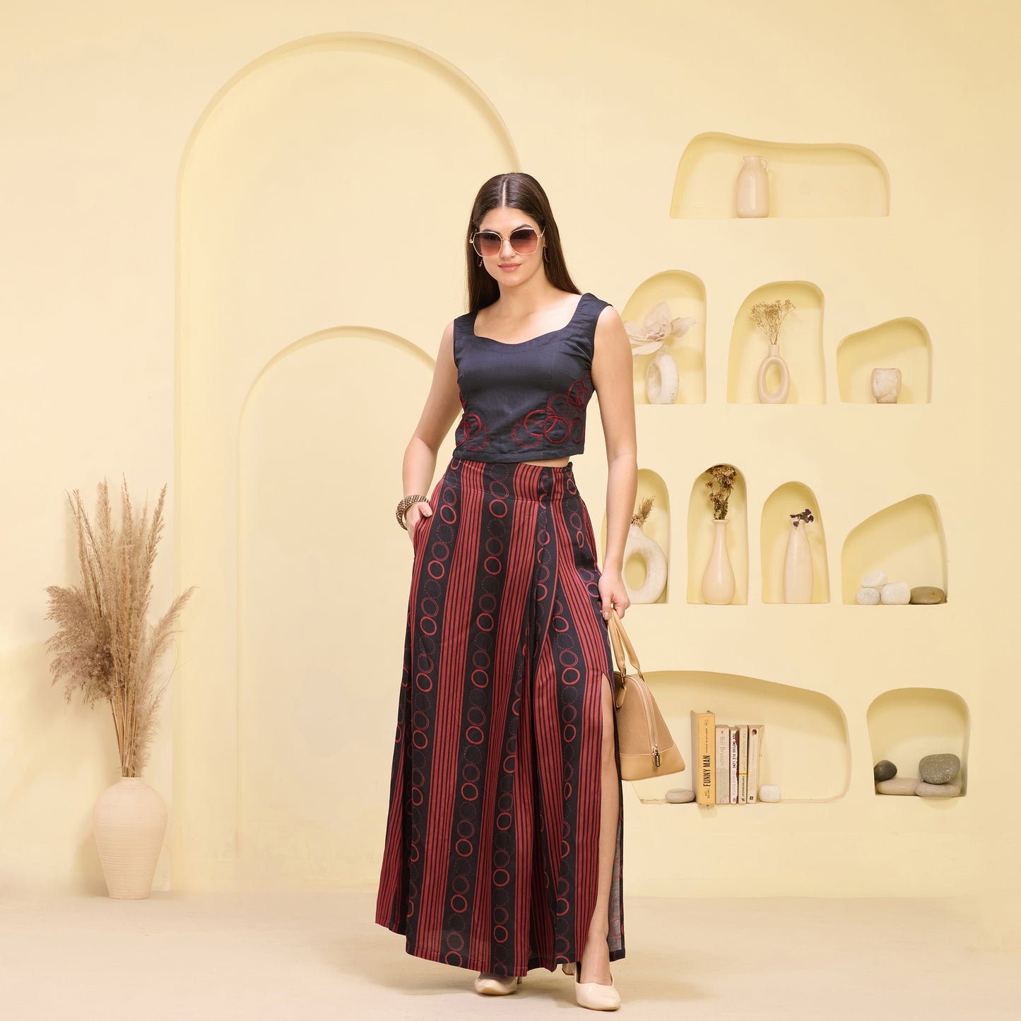 Black and Red Hand Embroidered Crop Top and Powerful Stripe Print Full Length Skirt with Front Slit Set