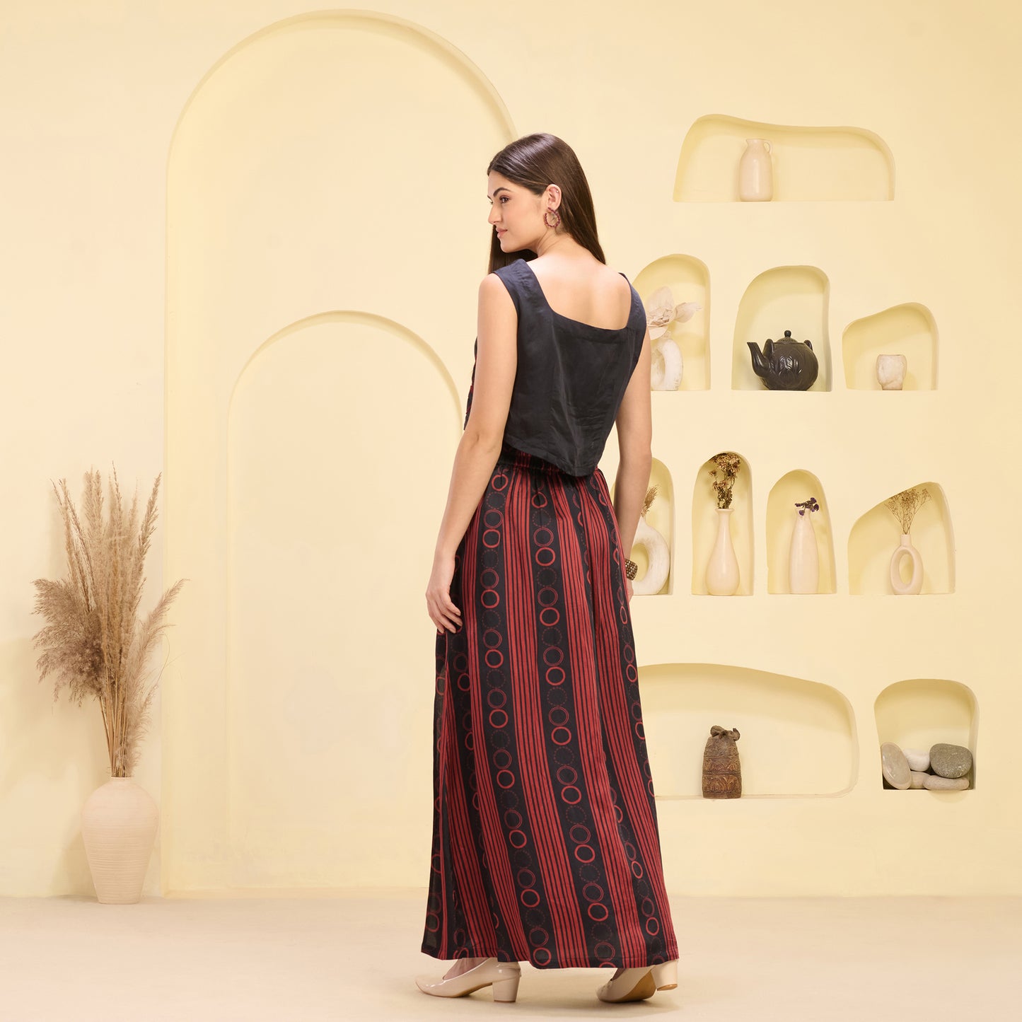 Black and Red Hand Embroidered Crop Top and Powerful Stripe Print Full Length Skirt with Front Slit Set