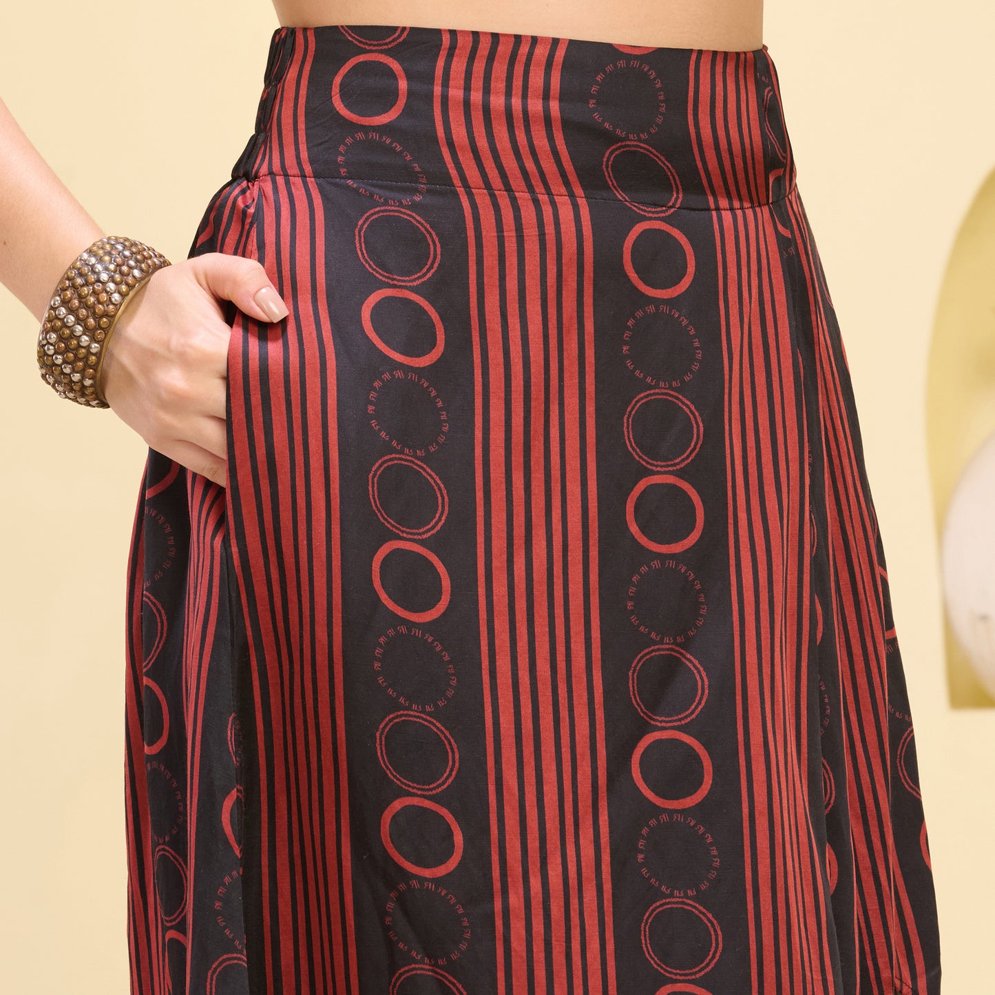 Black and Red Hand Embroidered Crop Top and Powerful Stripe Print Full Length Skirt with Front Slit Set