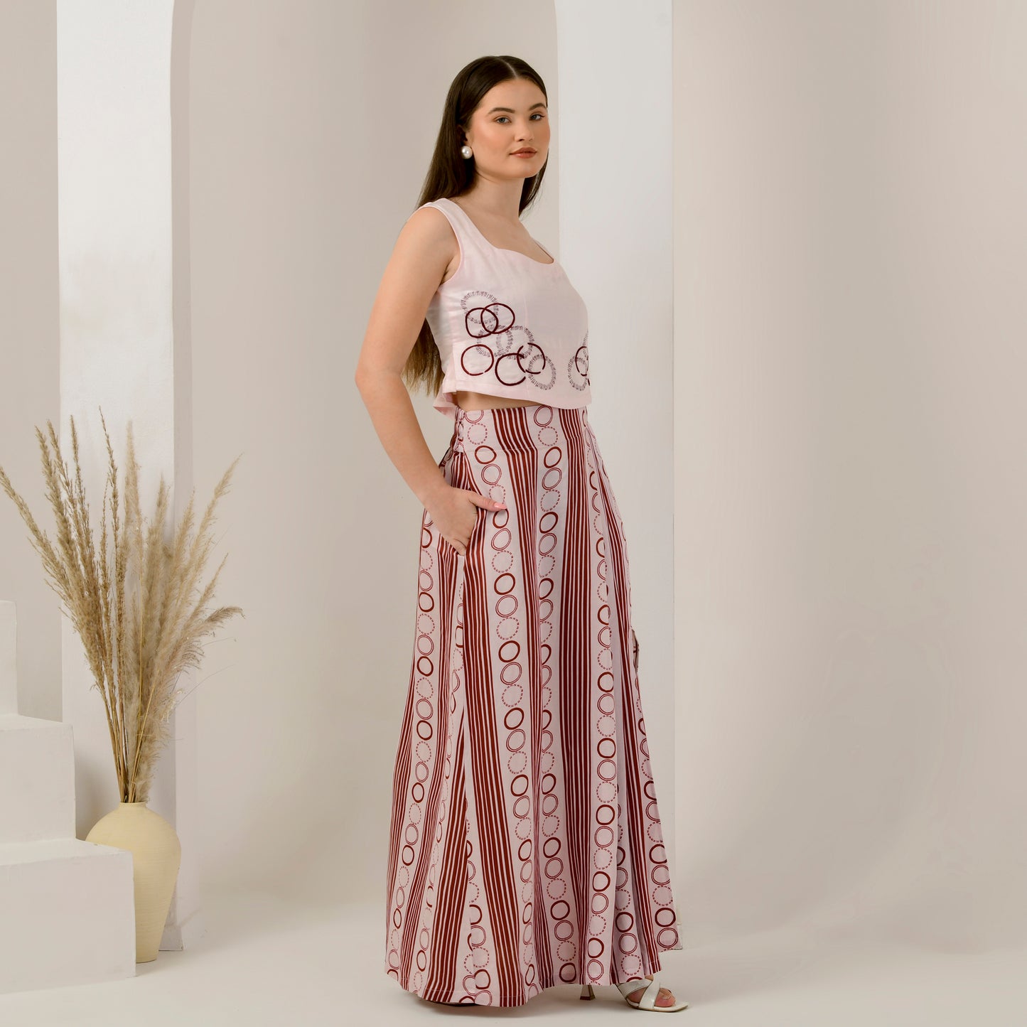 Pink and Red Hand Embroidered Crop Top and Powerful Stripe Print Full Length Skirt with Front Slit Set