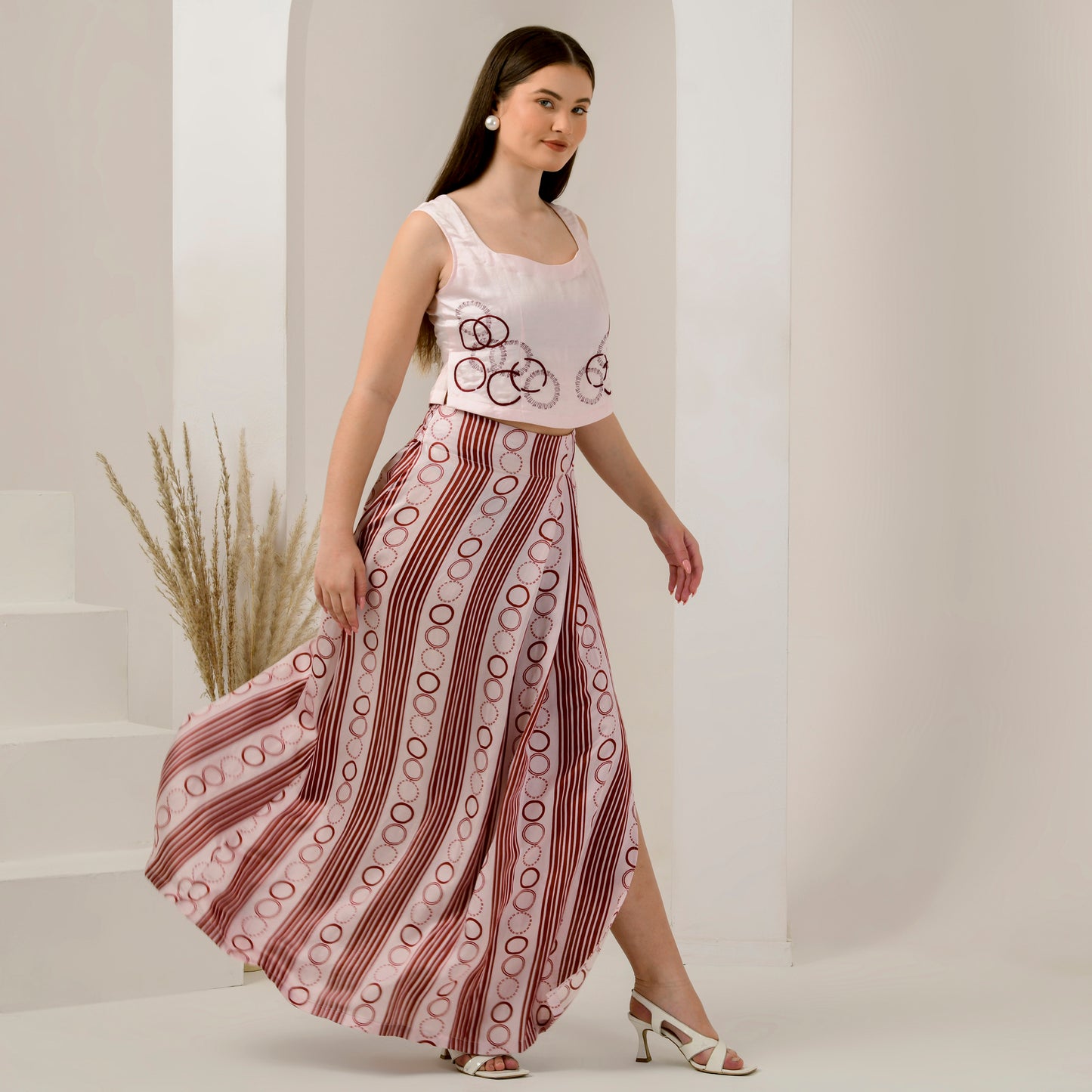 Pink and Red Hand Embroidered Crop Top and Powerful Stripe Print Full Length Skirt with Front Slit Set