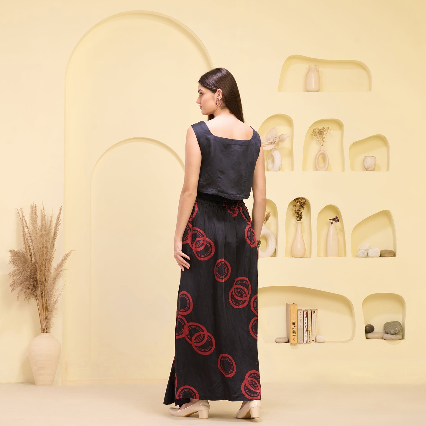 Black and Red Hand Embroidered Crop Top and Powerful Print Full Length Skirt with Front Slit Set