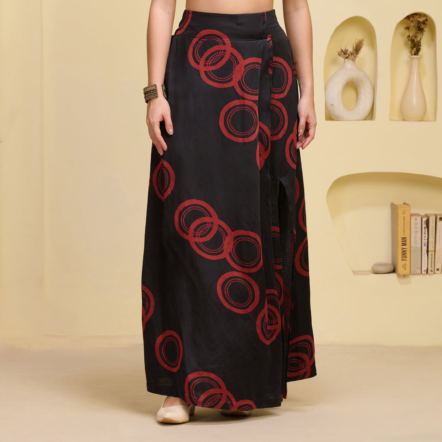 Black and Red Hand Embroidered Crop Top and Powerful Print Full Length Skirt with Front Slit Set