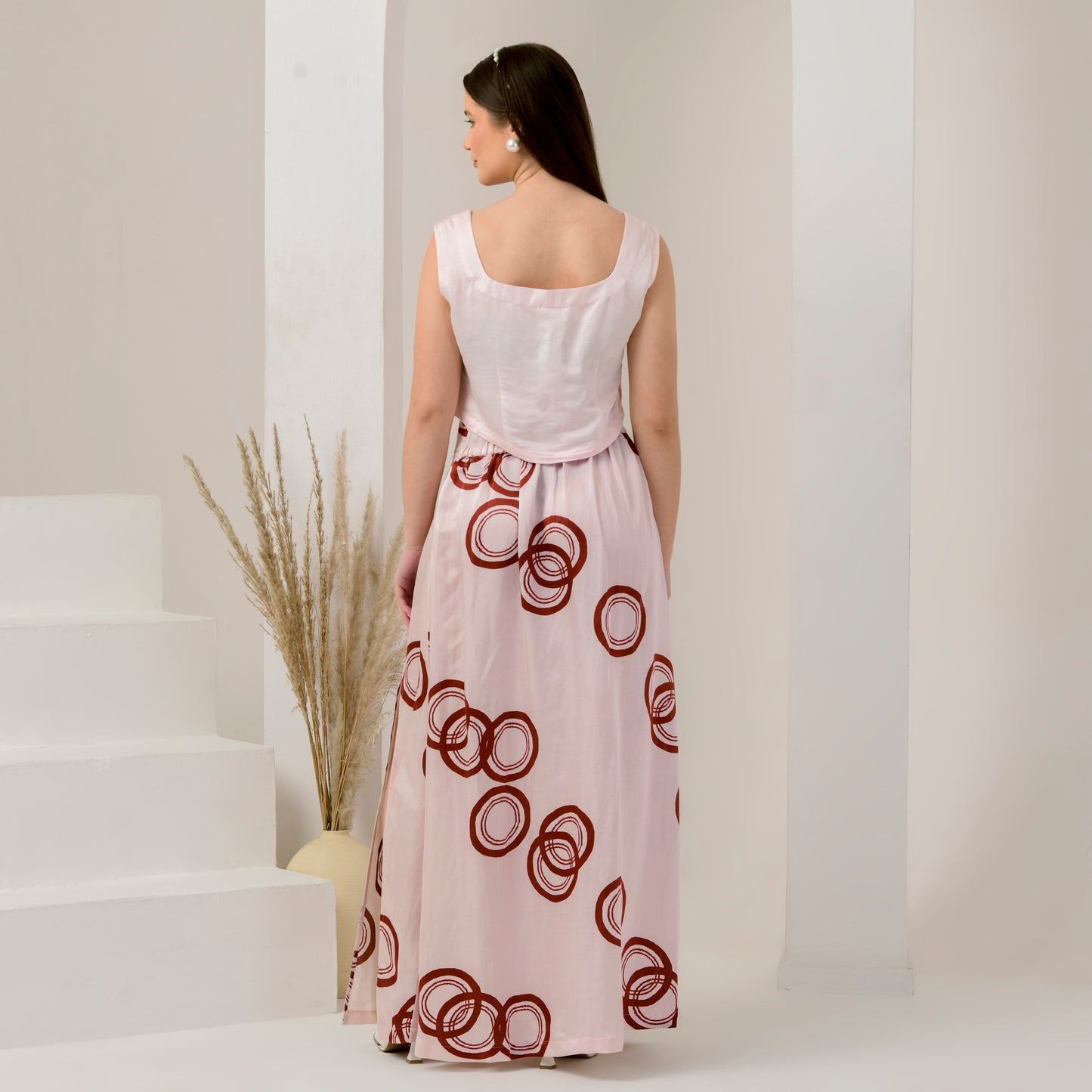 Pink and Red Hand Embroidered Crop Top and Powerful Print Full Length Skirt with Front Slit Set