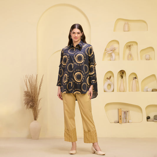 Black and Golden Maa Print Shirt with Cutout Sleeves and Folded Hem Straight Trouser Set