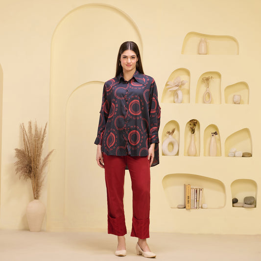 Black and Red Maa Print Shirt with Cutout Sleeves and Folded Hem Straight Trouser Set