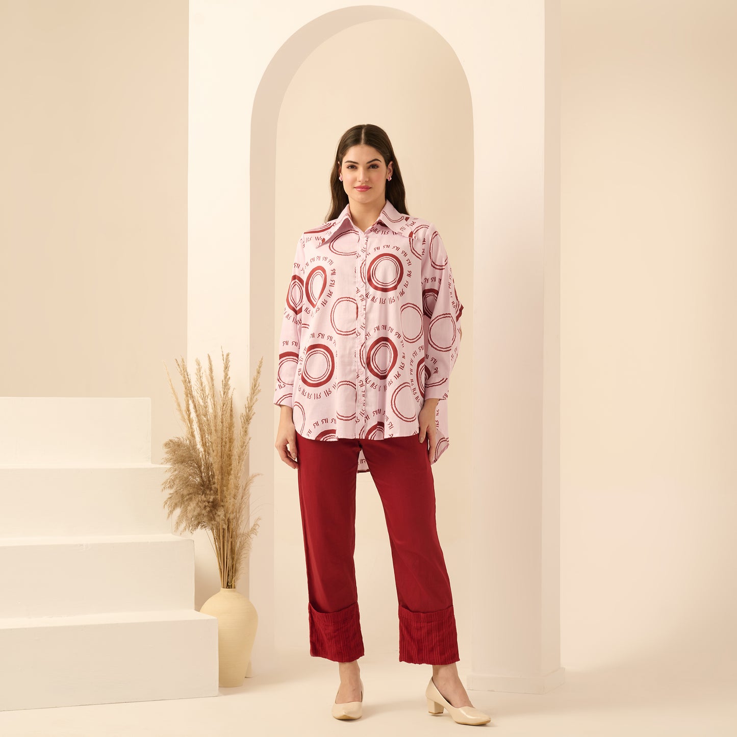 Pink and Red Maa Print Shirt with Cutout Sleeves and Folded Hem Straight Trouser Set