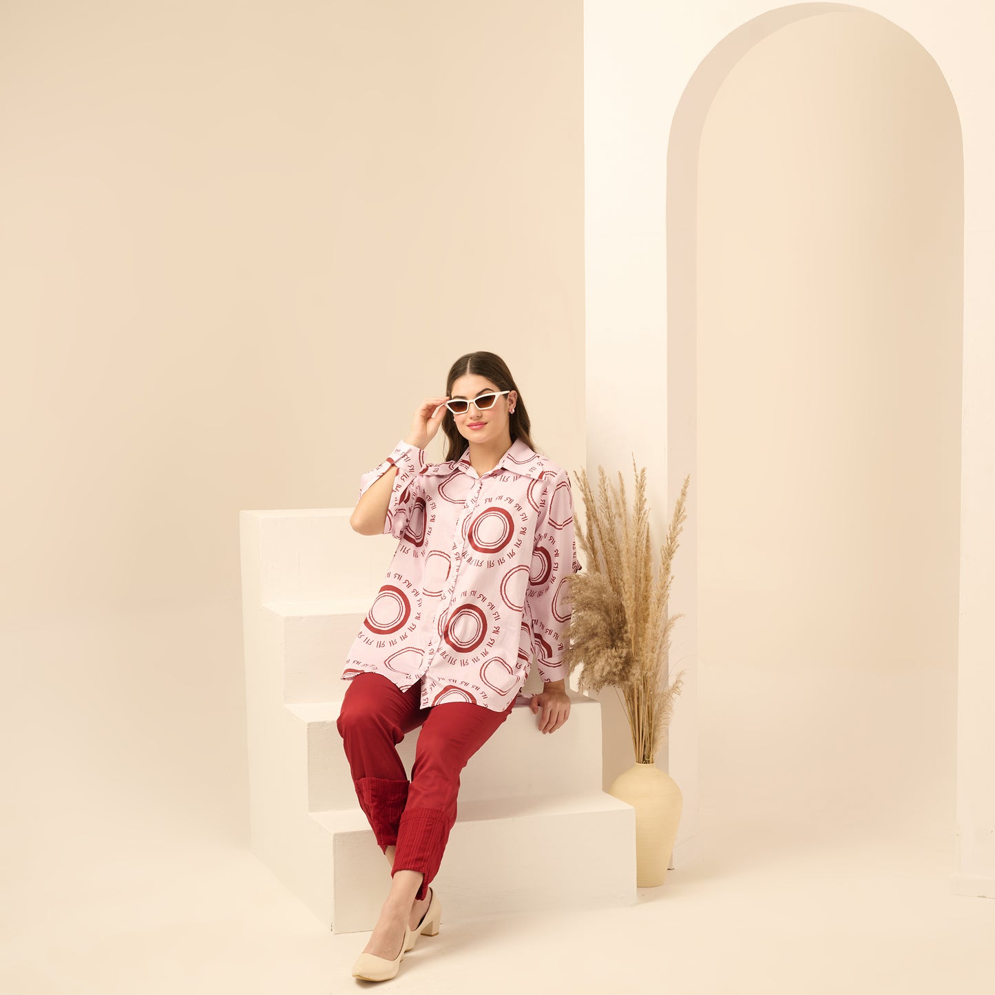 Pink and Red Maa Print Shirt with Cutout Sleeves and Folded Hem Straight Trouser Set