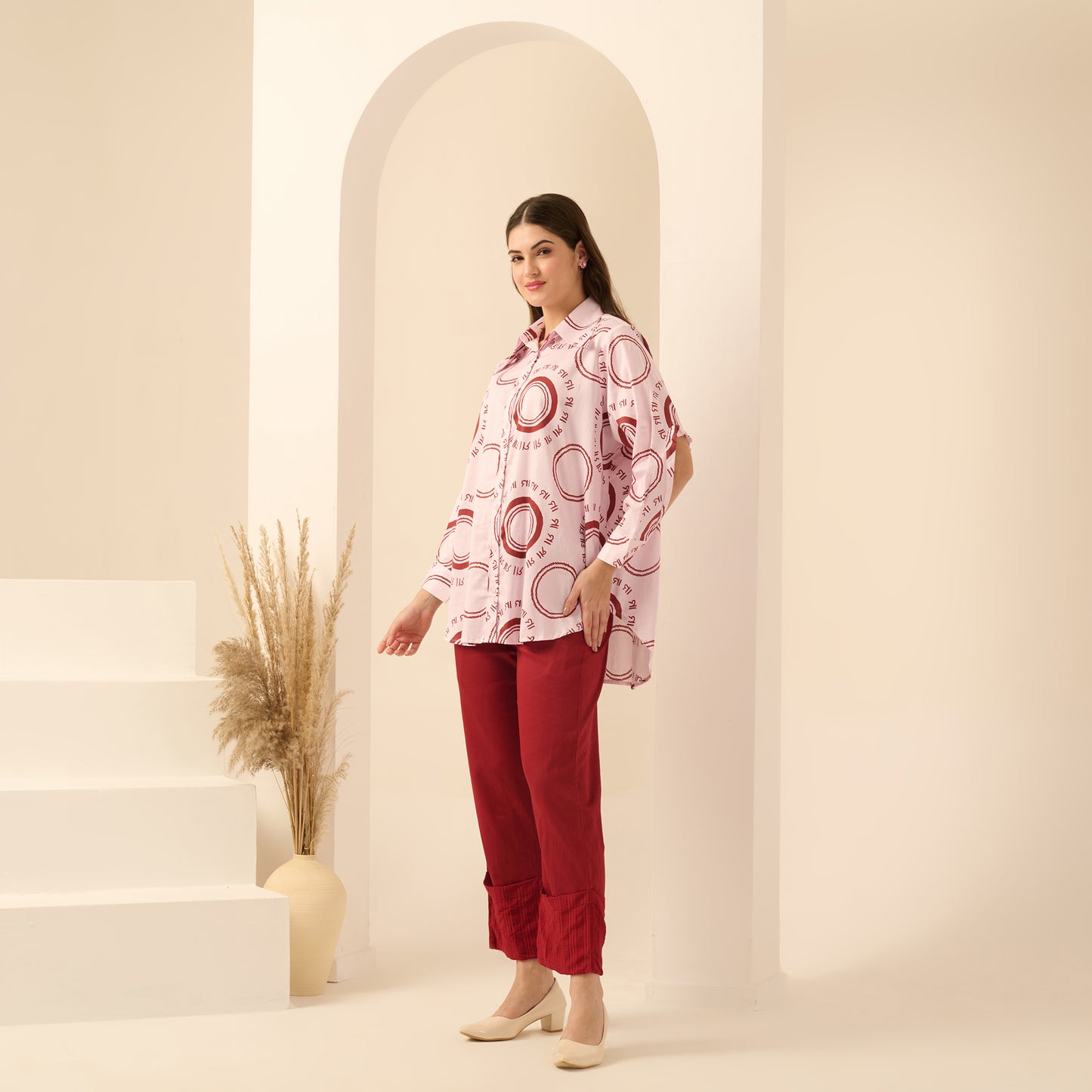 Pink and Red Maa Print Shirt with Cutout Sleeves and Folded Hem Straight Trouser Set