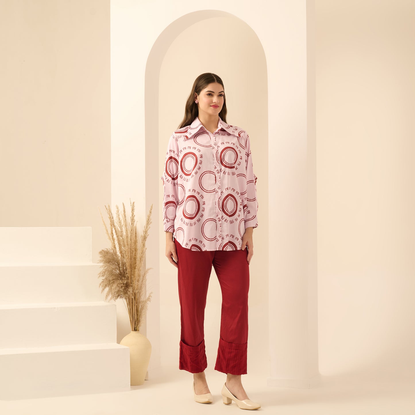 Pink and Red Maa Print Shirt with Cutout Sleeves and Folded Hem Straight Trouser Set