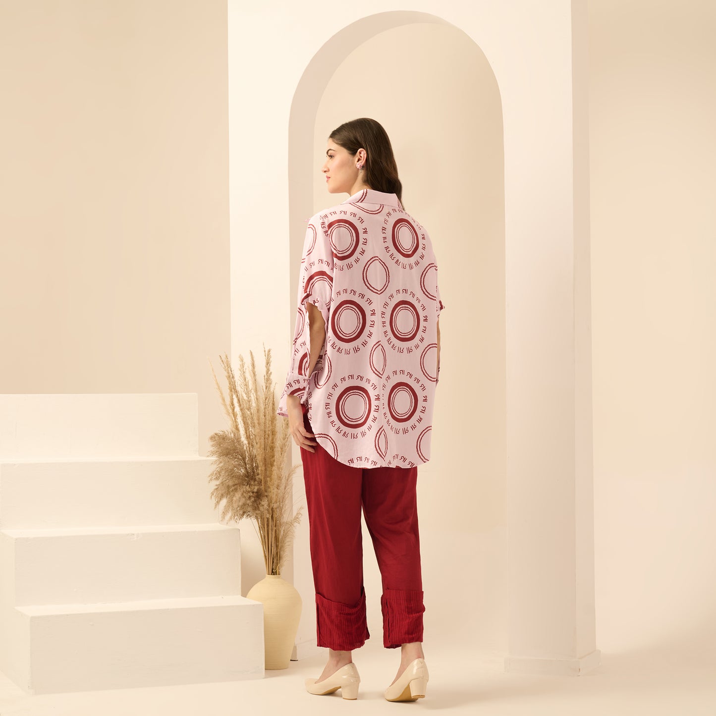 Pink and Red Maa Print Shirt with Cutout Sleeves and Folded Hem Straight Trouser Set