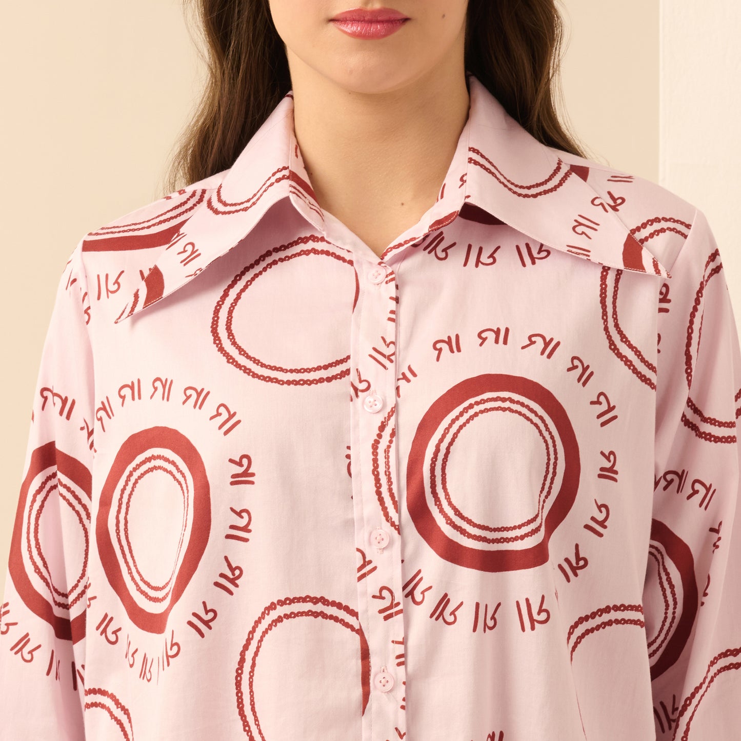 Pink and Red Maa Print Shirt with Cutout Sleeves and Folded Hem Straight Trouser Set