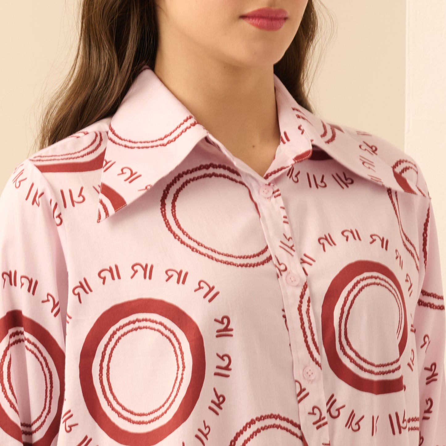 Pink and Red Maa Print Shirt with Cutout Sleeves and Folded Hem Straight Trouser Set