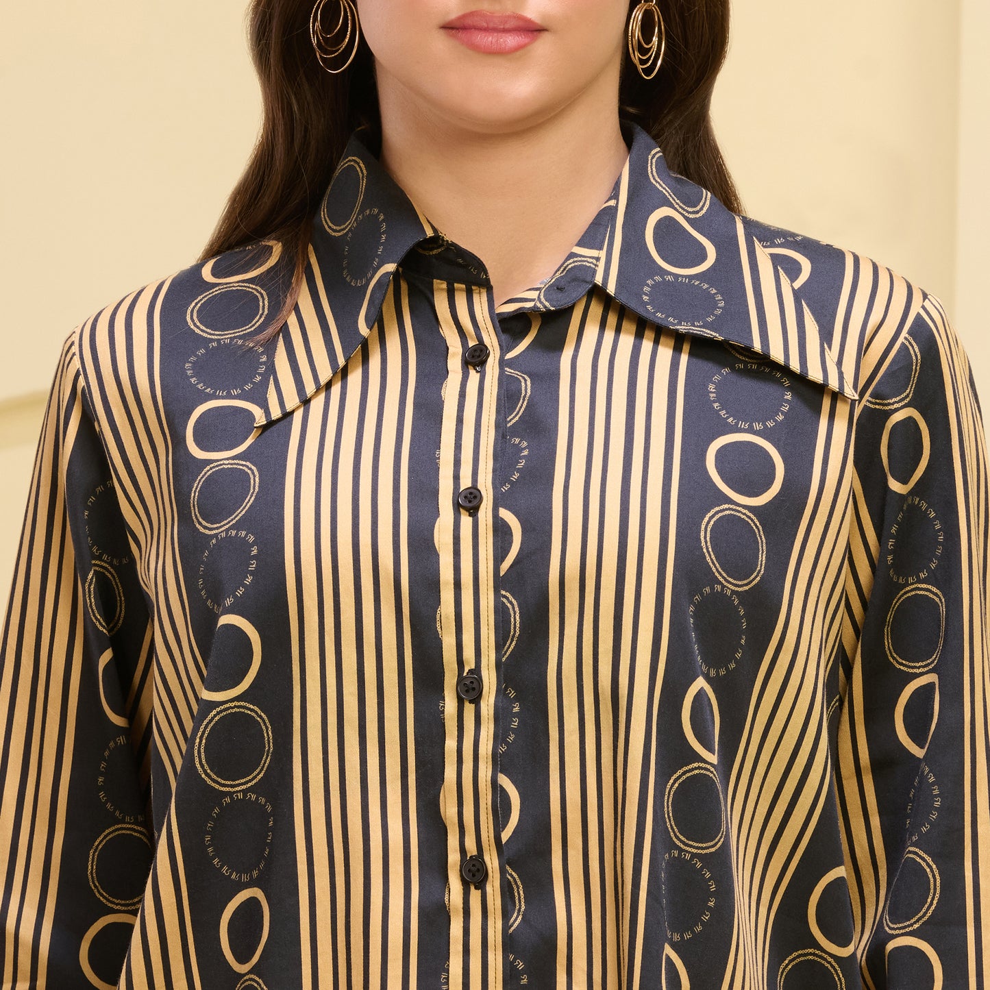 Black and Golden Powerful Stripe Print Shirt with Cutout Sleeves and Folded Hem Straight Trouser Set