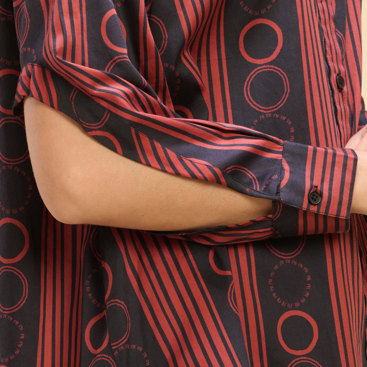 Black and Red Powerful Stripe Print Shirt with Cutout Sleeves and Folded Hem Straight Trouser Set