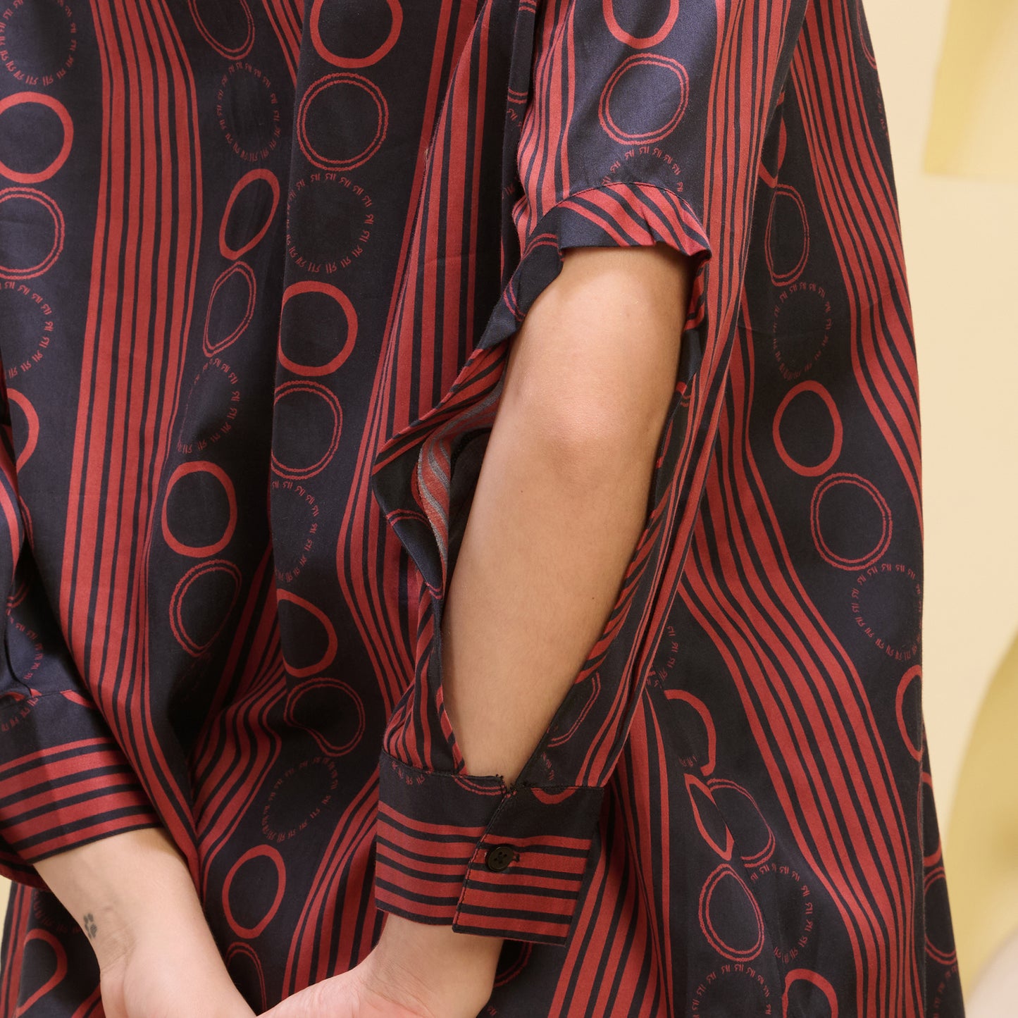 Black and Red Powerful Stripe Print Shirt with Cutout Sleeves and Folded Hem Straight Trouser Set