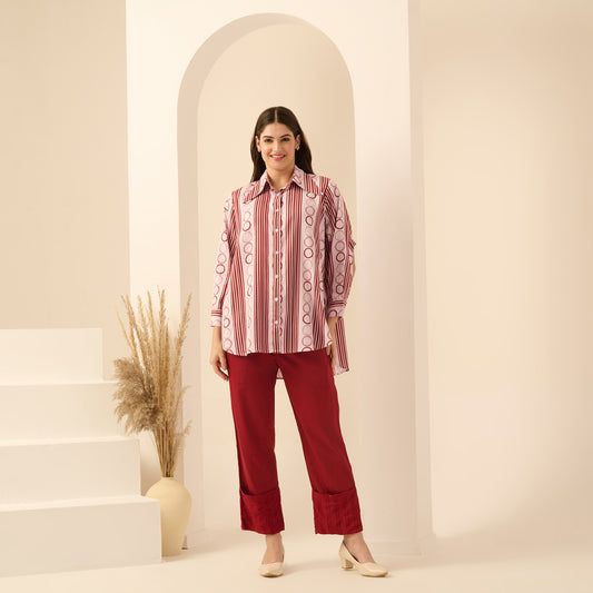 Pink and Red Powerful Stripe Print Shirt with Cutout Sleeves and Folded Hem Straight Trouser Set