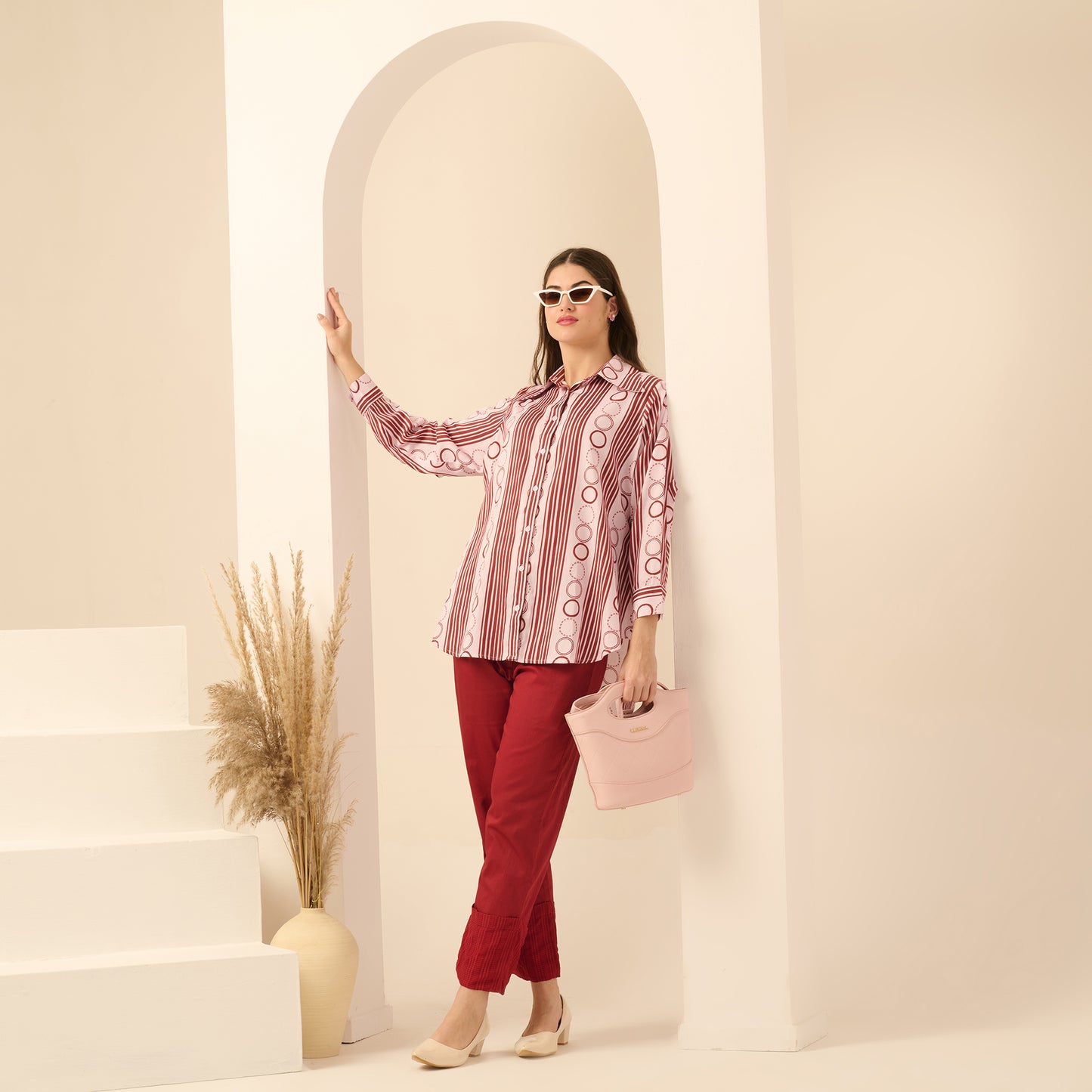 Pink and Red Powerful Stripe Print Shirt with Cutout Sleeves and Folded Hem Straight Trouser Set