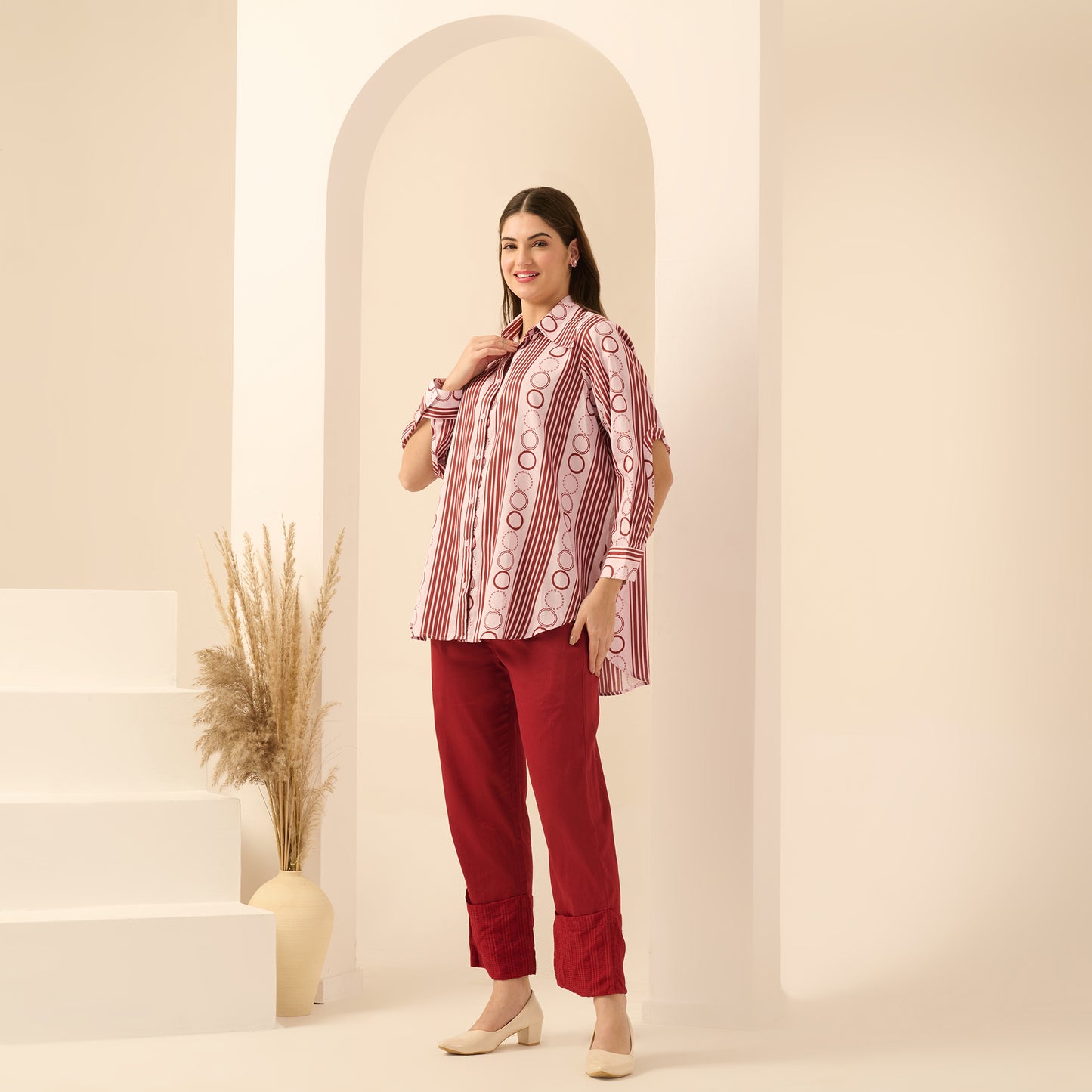 Pink and Red Powerful Stripe Print Shirt with Cutout Sleeves and Folded Hem Straight Trouser Set