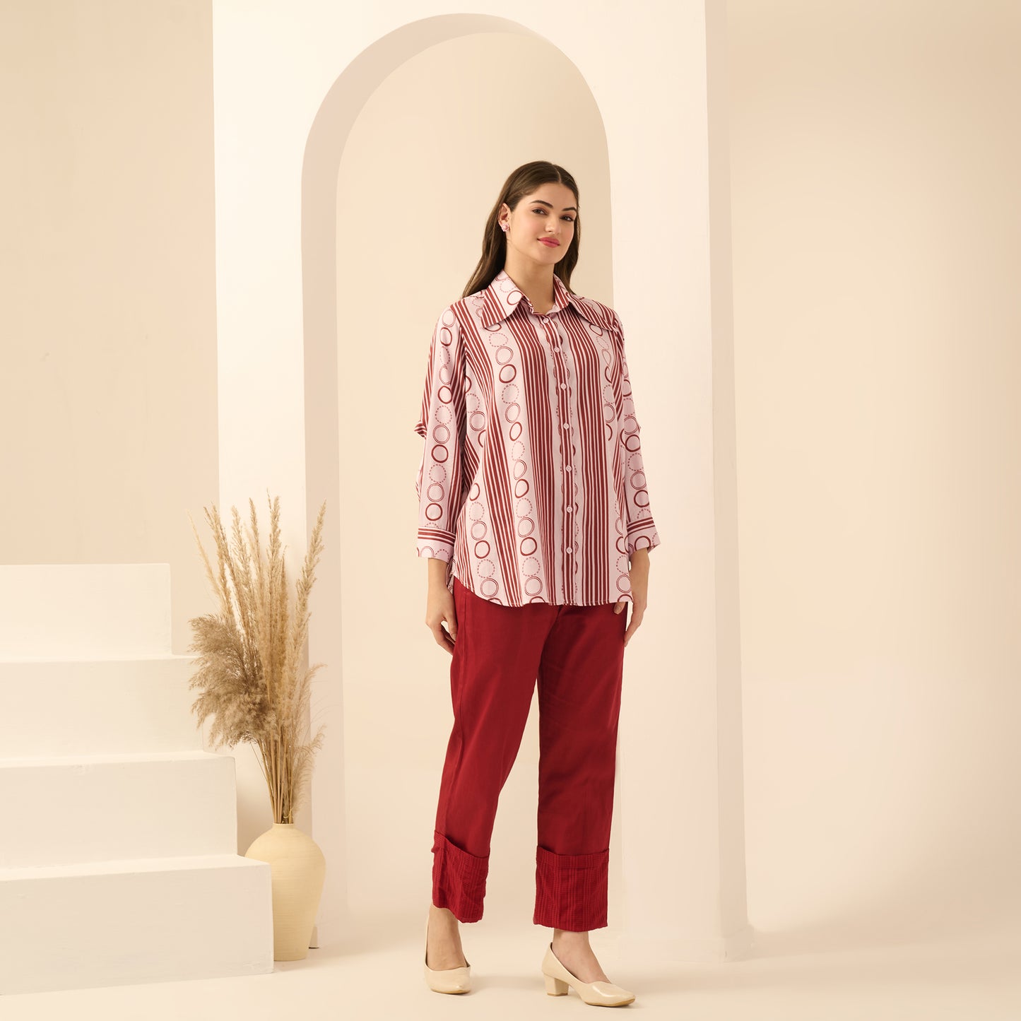 Pink and Red Powerful Stripe Print Shirt with Cutout Sleeves and Folded Hem Straight Trouser Set