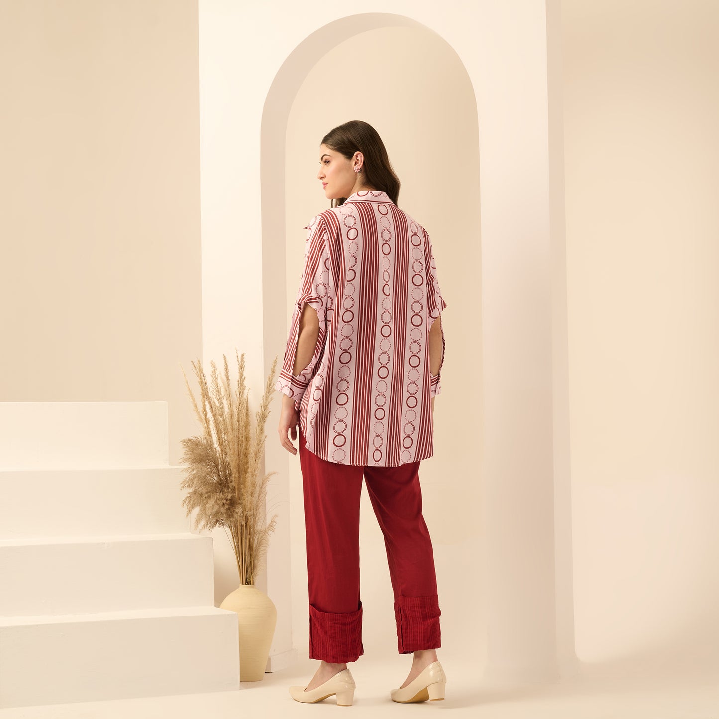 Pink and Red Powerful Stripe Print Shirt with Cutout Sleeves and Folded Hem Straight Trouser Set