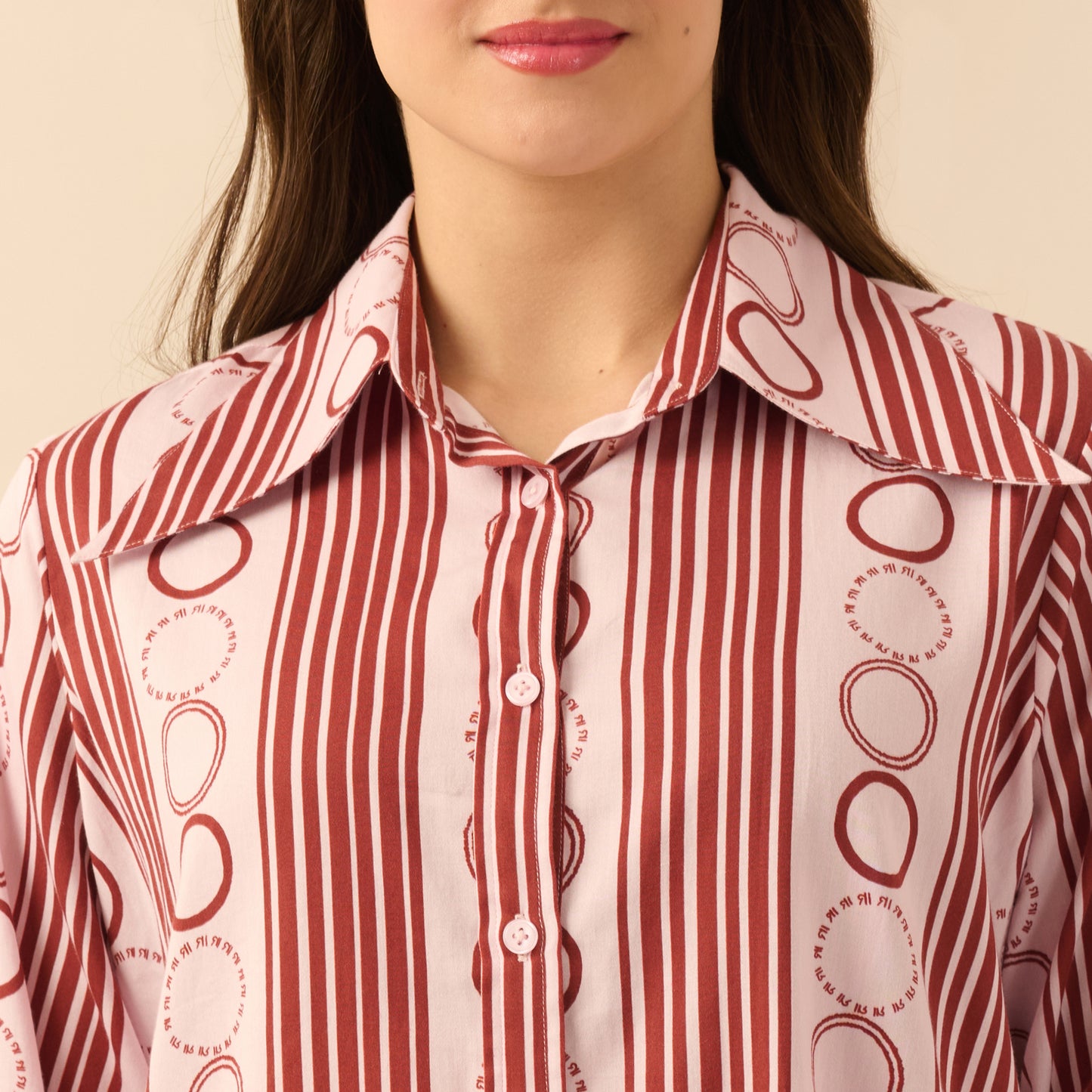 Pink and Red Powerful Stripe Print Shirt with Cutout Sleeves and Folded Hem Straight Trouser Set