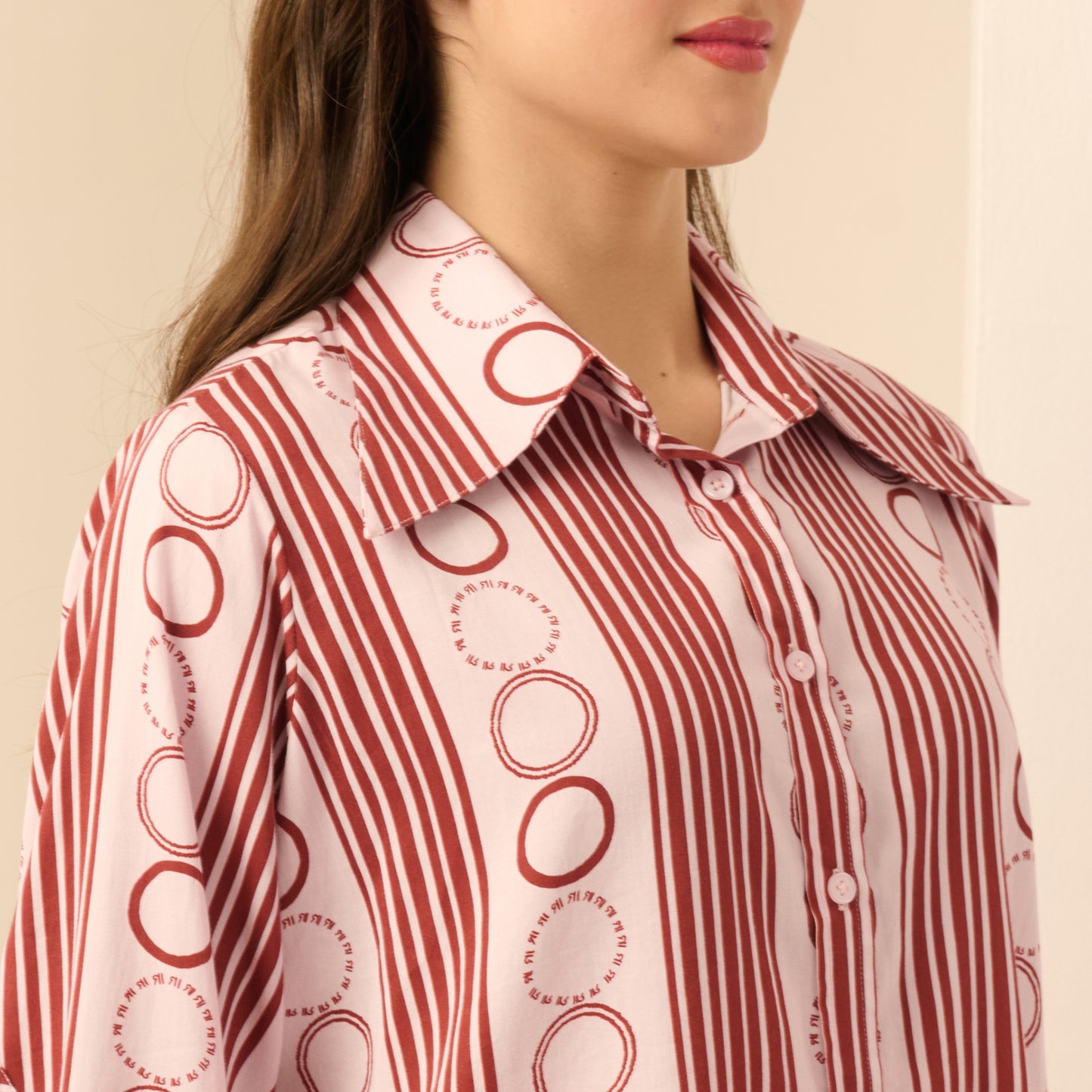 Pink and Red Powerful Stripe Print Shirt with Cutout Sleeves and Folded Hem Straight Trouser Set