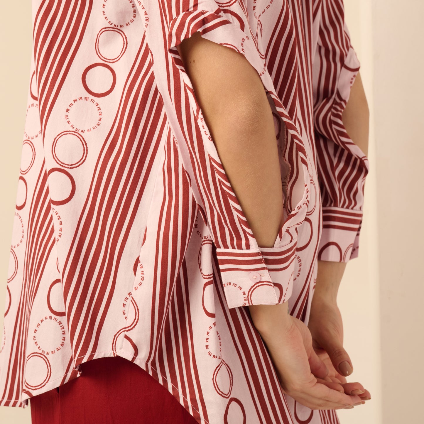 Pink and Red Powerful Stripe Print Shirt with Cutout Sleeves and Folded Hem Straight Trouser Set