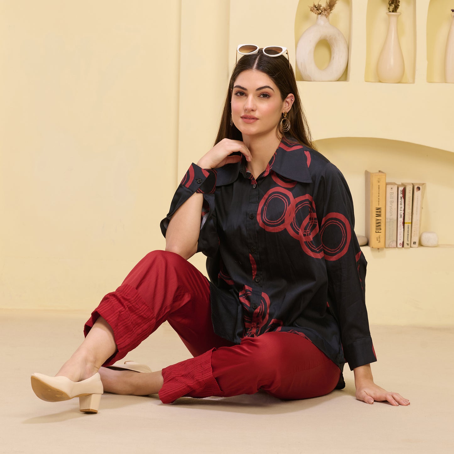 Black and Red Powerful Print Shirt with Cutout Sleeves and Folded Hem Straight Trouser Set