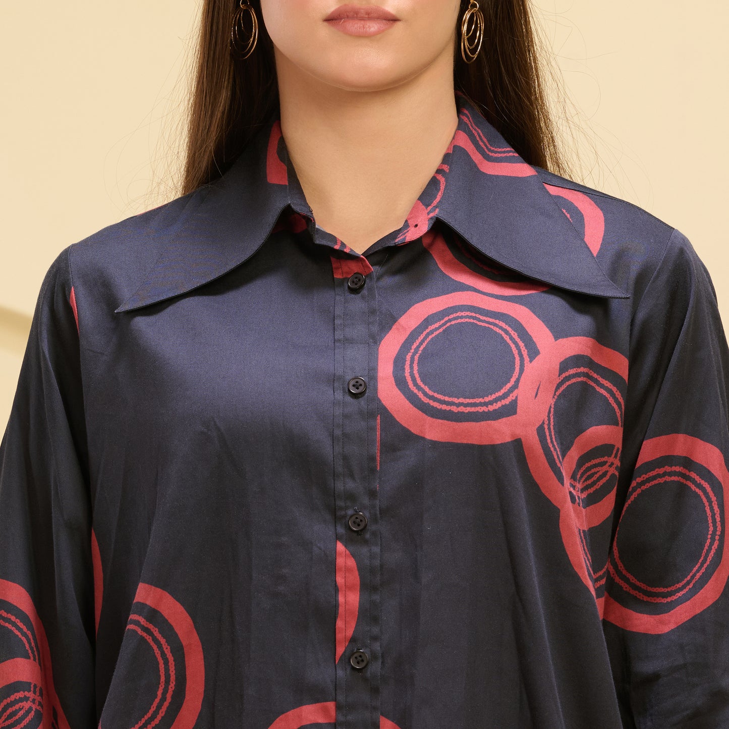 Black and Red Powerful Print Shirt with Cutout Sleeves and Folded Hem Straight Trouser Set