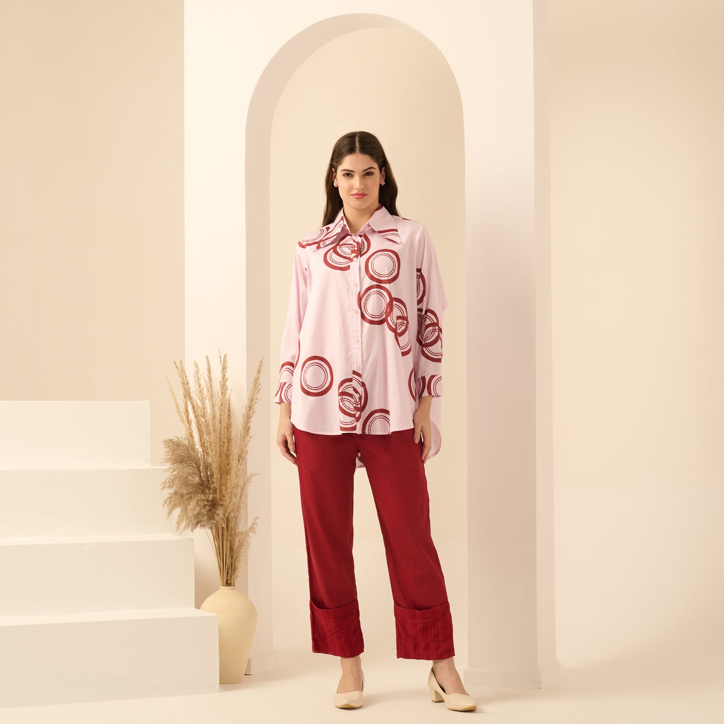 Pink and Red Powerful Print Shirt with Cutout Sleeves and Folded Hem Straight Trouser Set