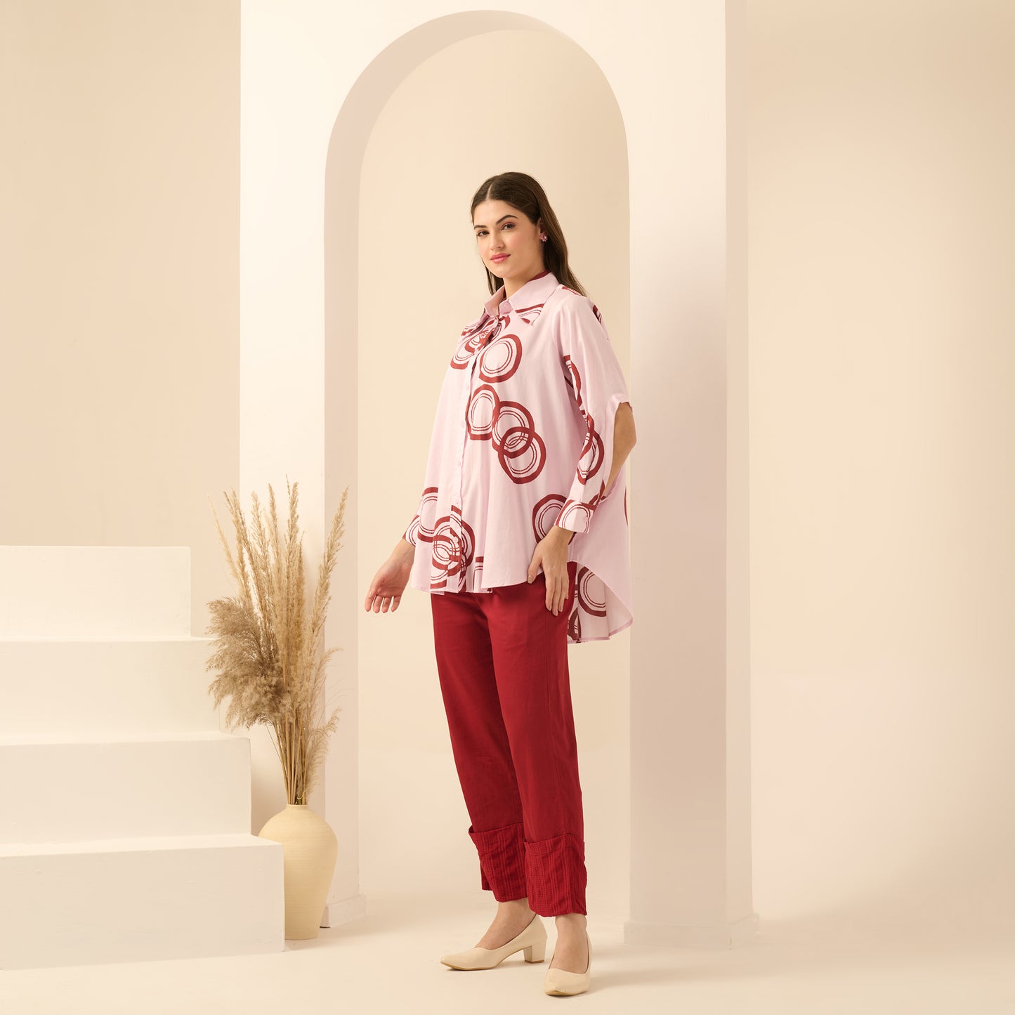 Pink and Red Powerful Print Shirt with Cutout Sleeves and Folded Hem Straight Trouser Set