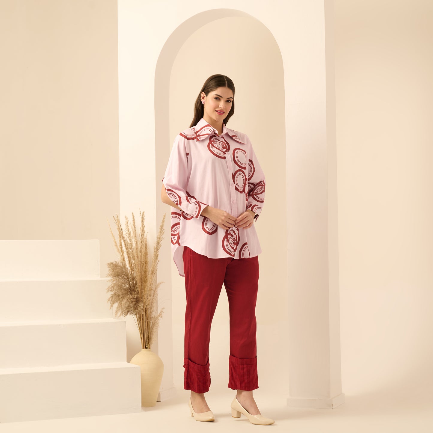 Pink and Red Powerful Print Shirt with Cutout Sleeves and Folded Hem Straight Trouser Set