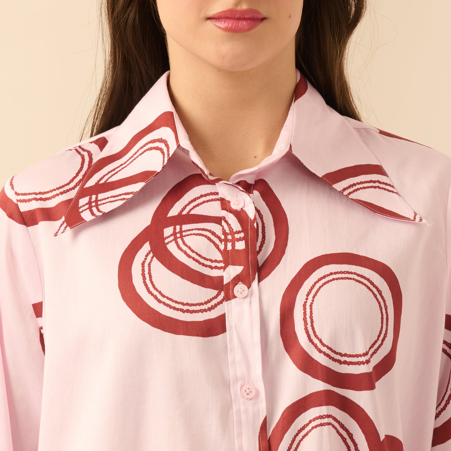 Pink and Red Powerful Print Shirt with Cutout Sleeves and Folded Hem Straight Trouser Set