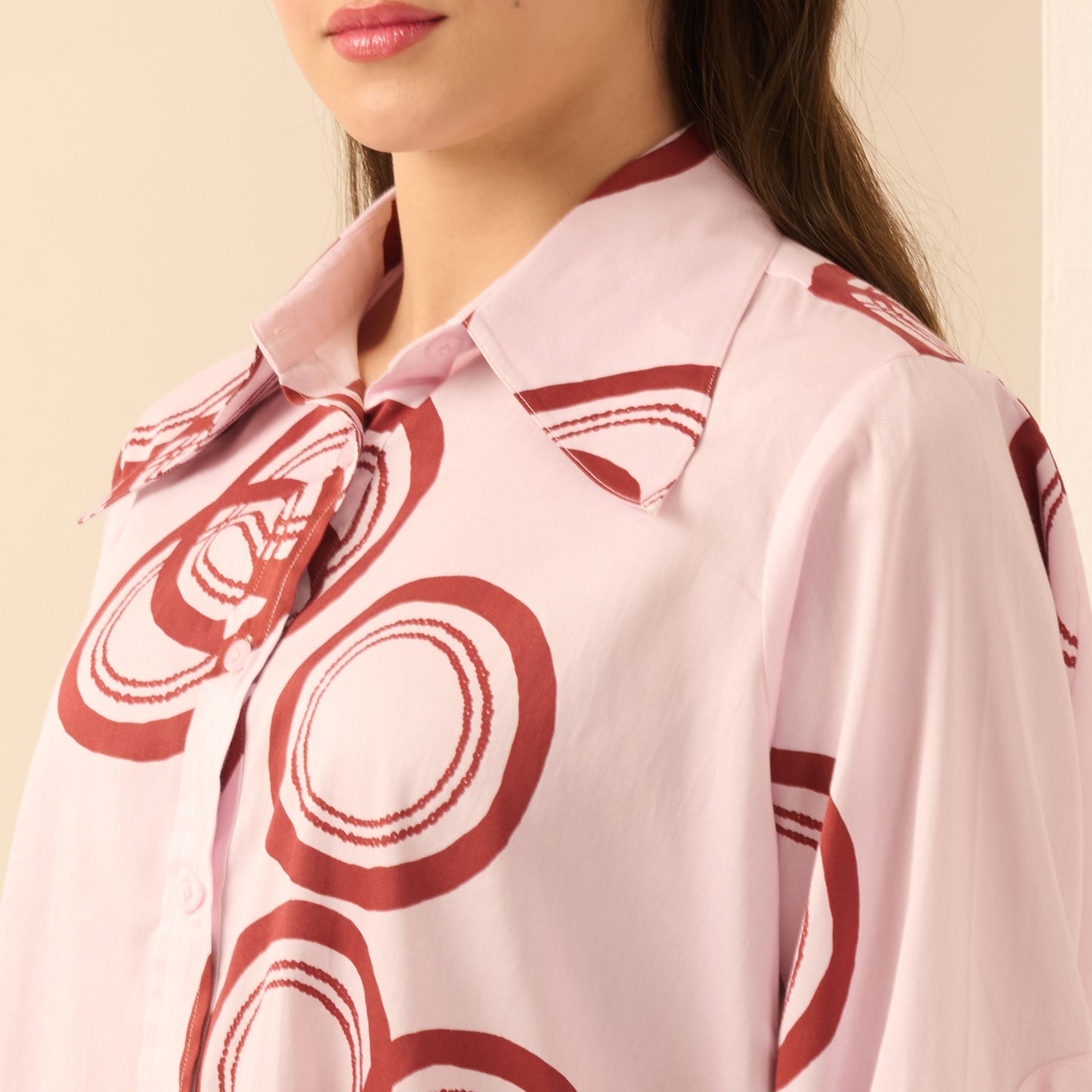 Pink and Red Powerful Print Shirt with Cutout Sleeves and Folded Hem Straight Trouser Set