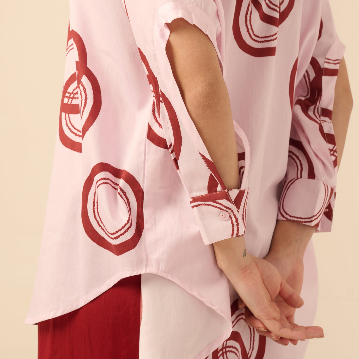 Pink and Red Powerful Print Shirt with Cutout Sleeves and Folded Hem Straight Trouser Set