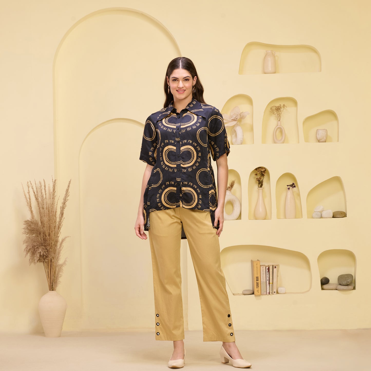 Black and Golden Maa Print Pleated Shirt and Mirror Hand Embroidered Straight Trouser Set